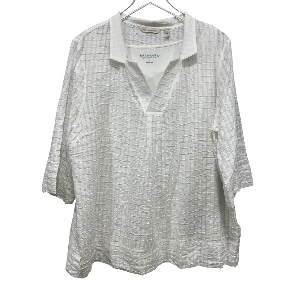 Soft Surroundings White Textured 3/4 Sleeve Tunic Top 2X Split Neck w/‎ tank top